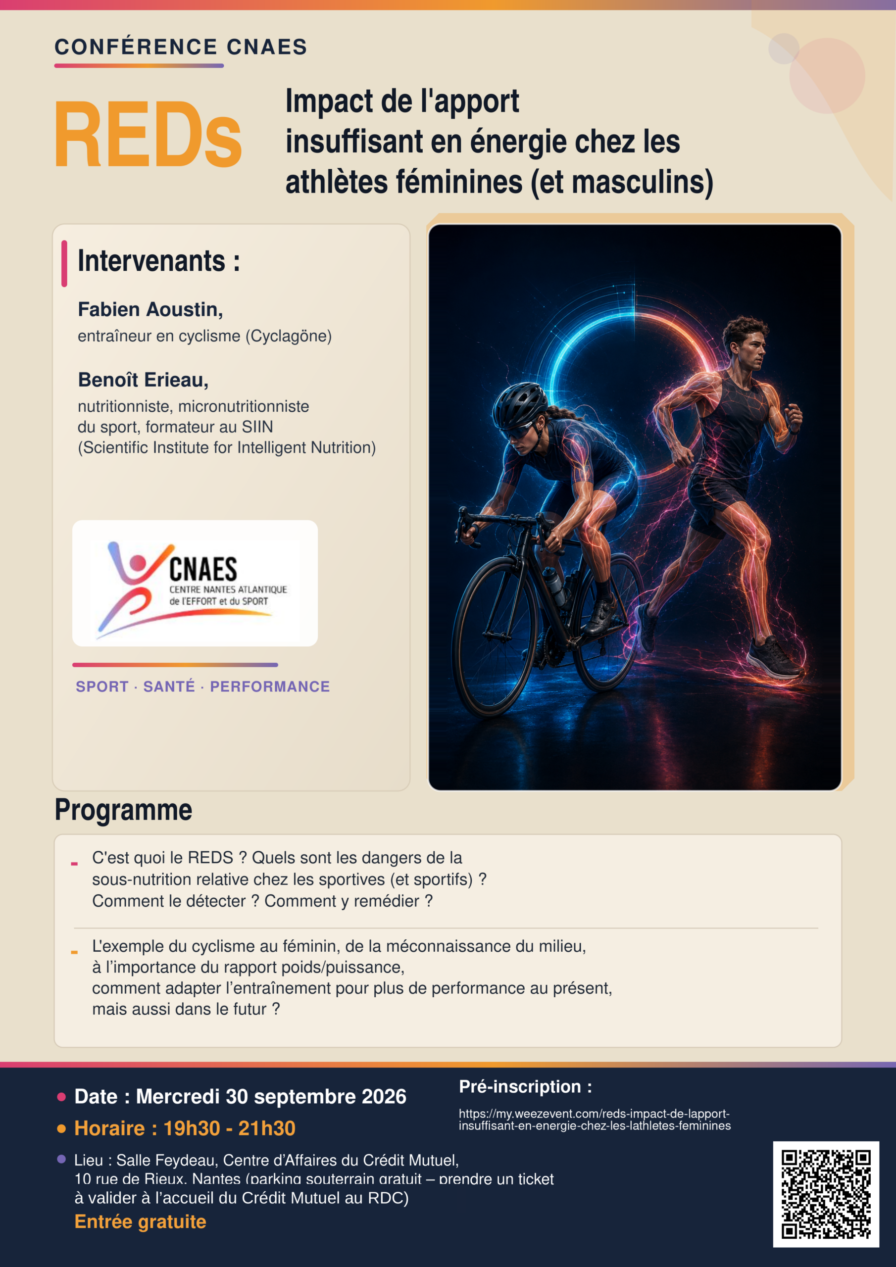 Affiche de la conférence CNAES RED's du 30 septembre 2026 : impact de l'apport énergétique insuffisant chez les athlètes